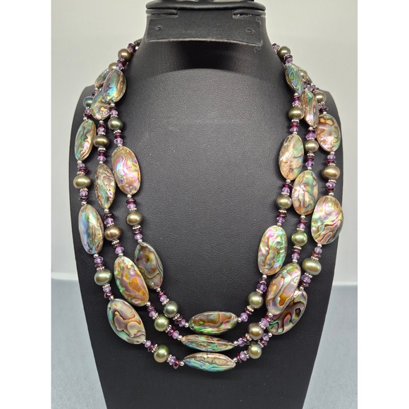 Jewelry - Abalone Necklace Paua Pearl Amethyst Garnet Multi Strand Iridescent Statement